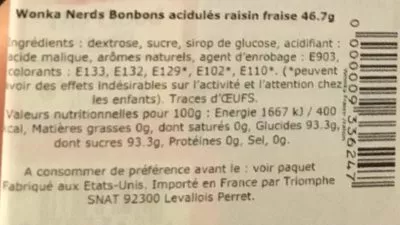 Liste des ingrédients du produit Bonbons acidulés Raisin Fraise Wonka, Nerds 46,7 g