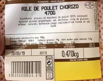 Liste des ingrédients du produit Decoupe de poulet façon chorizo Ronsard 