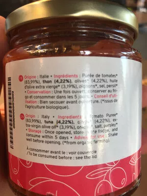 Liste des ingrédients du produit Sauce Tomate Au Thon & Olives Bio Kazidomi Kazidomi 300 g