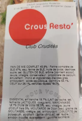 List of product ingredients Club Crudités Crous Languedoc Roussillon, Crous Resto' 187,5 g