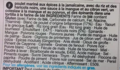 Liste des ingrédients du produit Wrap Poulet à la Jamaïcaine Marks & Spencer 231 g
