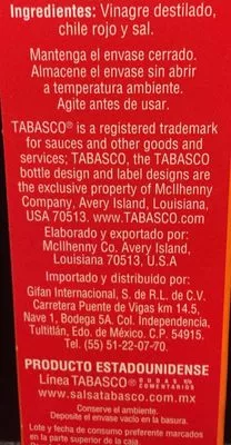 List of product ingredients Tabasco Salsa picante Tabasco, McIlhenny co. 60 ml