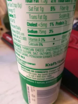 Lista de ingredientes del producto 100% Grated Parmesan Cheese Kraft 85 g