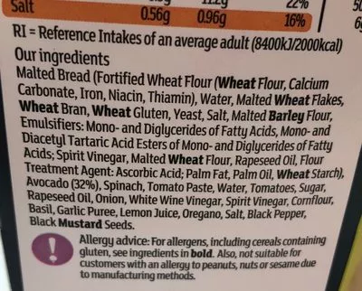 Lista de ingredientes del producto Avocado Tomato Basil Sainsbury's 