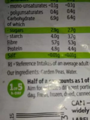 List of product ingredients British garden peas in water  185 g