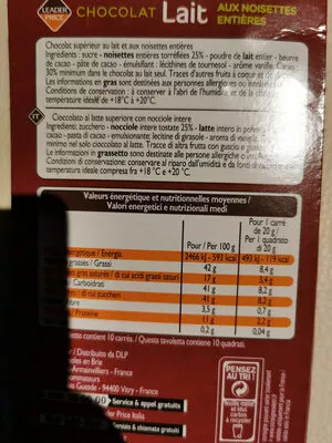 List of product ingredients chocolat lait aux noisettes entières leader price 200 g