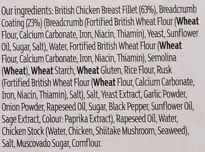 Lista de ingredientes del producto Breaded chicken mini fillets By Sainsbury's 305 g