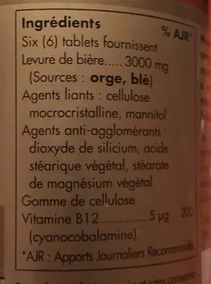 List of product ingredients Levure de bière avec vitamine B12 Solgar 142,75 g (250 tablettes)
