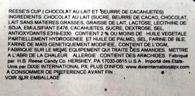 List of product ingredients Milk chocolate trees, peanut butter Hershey's 204 g