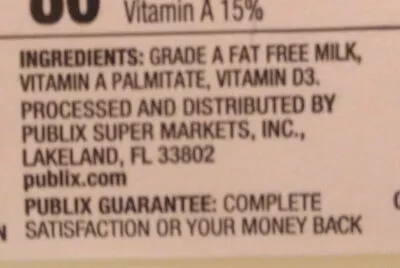 List of product ingredients fat free grade A milk Piblix 1 gallon