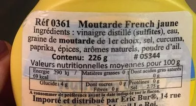 List of product ingredients Classic yellow mustard, classic yellow Heinz, French's 226gm/bottle