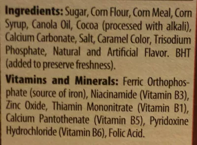 List of product ingredients Coco roos sweetened chocolate flavored corn puff cereal with real cocoa, chocolate Mom Brands, Malt-O-Meal 11.5 oz, 326 g