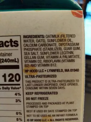 List of product ingredients Original extra creamy oatmilk, original planet oat 