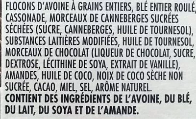 List of product ingredients Croque Nature chocolat noir, canneberges et amendes Quaker, PepsiCo 550 g