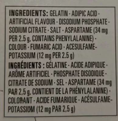 Lista de ingredientes del producto Gelée en poudre Compliments 10g