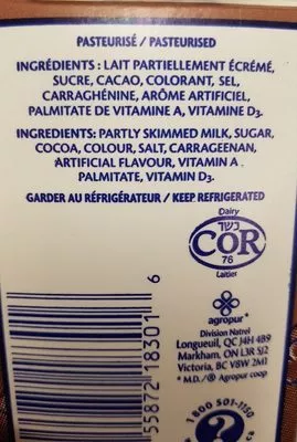 Liste des ingrédients du produit Lait partiellement écrémé au chocolat Québon 473 ml