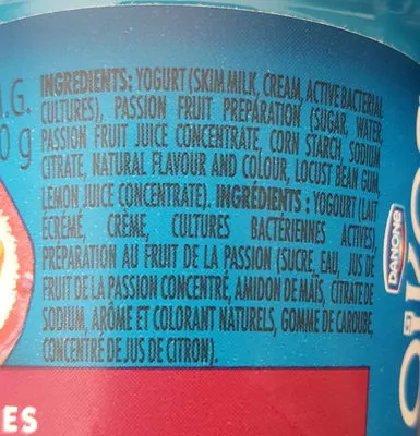 List of product ingredients Oikos Greek Yogurt - Passion Fruit Danone 100g