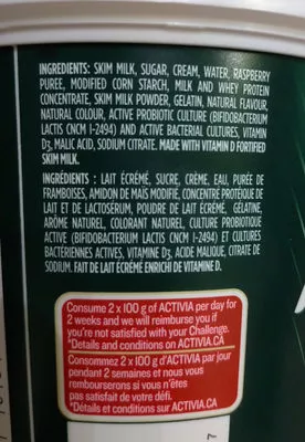 Liste des ingrédients du produit Active probiotics Danone, Activia 650g
