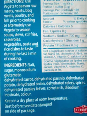 List of product ingredients Végéta PODRAVKA 500g