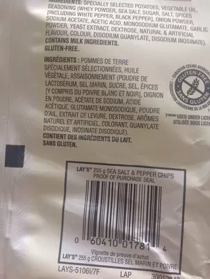 List of product ingredients Croustilles Sel Mer Poivre Lay's 