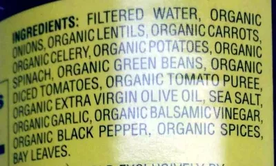 Lista de ingredientes del producto Organic lentil vegetable soup Trader Joe's 14.5 OZ (411g)