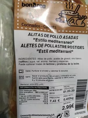 Lista de ingredientes del producto Alitas de pollo asadas Bonarea 