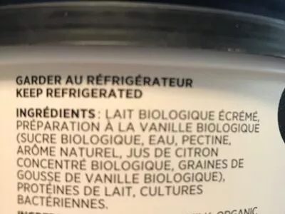 Lista de ingredientes del producto Yaourt vanille Liberté, General Mills 750g