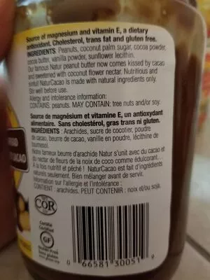 List of product ingredients Natur cacao tartinade d arachide et cacao NATUR 500g
