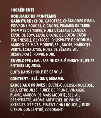Liste des ingrédients du produit Rouleau de printemps McCain food Inc. 545 g