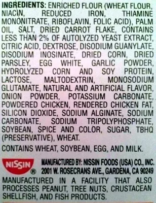 Liste des ingrédients du produit Chicken flavor ramen noodle soup Nissin, Nissin Foods(Usa) Co.  Inc. 3x 2.25 oz