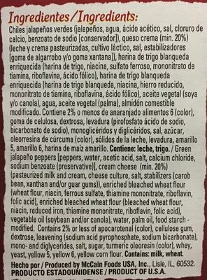Liste des ingrédients du produit Jalapeños con queso crema, Mc Cain Mc Cain 226 g.
