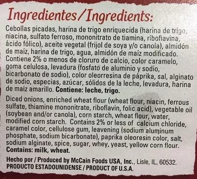 Liste des ingrédients du produit Aros de Cebolla Mc cain 396 g