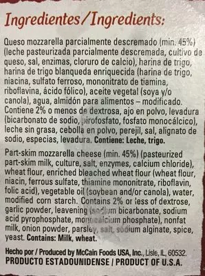 List of product ingredients Palitos de queso mozzarella Mc cain 226 g