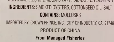 List of product ingredients Smoked oysters in cottonseed oil Crown Prince 106 g