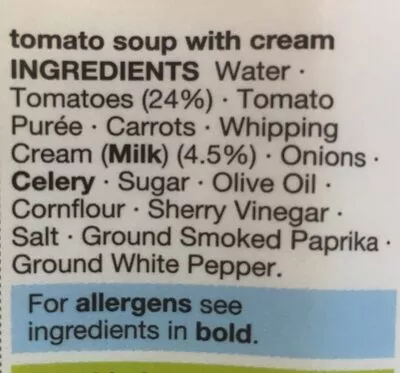 Lista de ingredientes del producto Cream Of Tomato Soup M&S 600 g