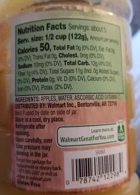 List of product ingredients Great value, natural unsweetened applesauce Great Value 