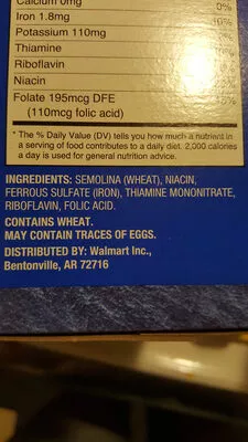 Lista de ingredientes del producto Shells, enriched macaroni product Great Value 16oz, 1lb, 454g