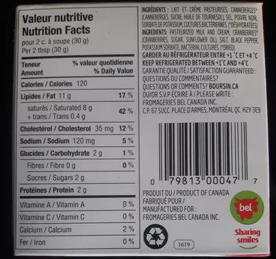 List of product ingredients Fromage frais - Canmeberges et poivre boursin 150g