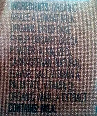 Lista de ingredientes del producto Chocolate Lowfat Milk O Organics 8 FL OZ (236 mL)