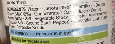 Lista de ingredientes del producto Carrot Coriander Soup Marks & Spencer 400 g e