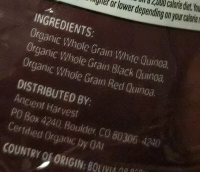 List of product ingredients Ancient harvest, quinoa organic tri-color grains harmony blend Ancient Harvest 408 g