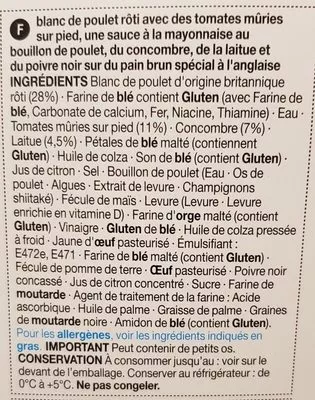 Lista de ingredientes del producto Poulet Rôti et Salade sur Pain Spécial Marks & Spencer, Marks and Spencer, M&S 253 g