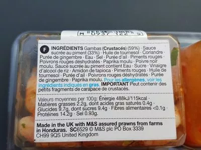 List of product ingredients Crevettes marinées et sauce sucrée au piment M&S 110g