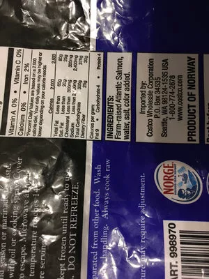 Lista de ingredientes del producto Kirkland farmed Atlantic salmon Kirkland 1.36KG