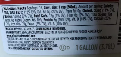 Lista de ingredientes del producto 365 everyday value, vitamin d milk 365 Everyday Value, Whole Foods Market  Inc. 1 Gallon