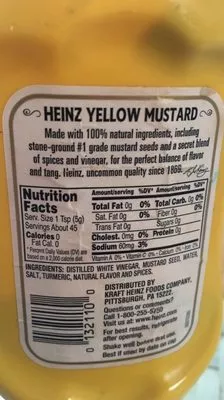 Liste des ingrédients du produit Yellow Mustard 8 Ounce Heinz 