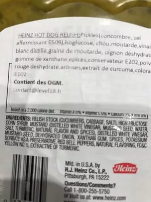 List of product ingredients Hot dog relish Heinz 