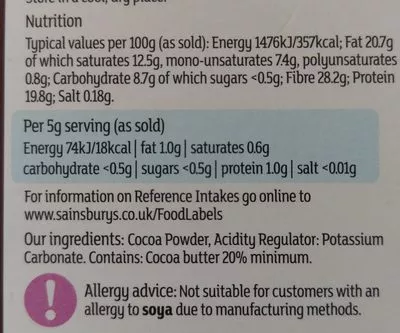Lista de ingredientes del producto Cocoa by sainsbury's 250g