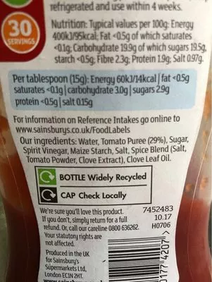 Lista de ingredientes del producto Tomato Ketchup Sainsbury's,  By Sainsbury's 