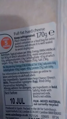 List of product ingredients Manchego Sainsbury's Taste the difference, Sainsbury's 170 gr